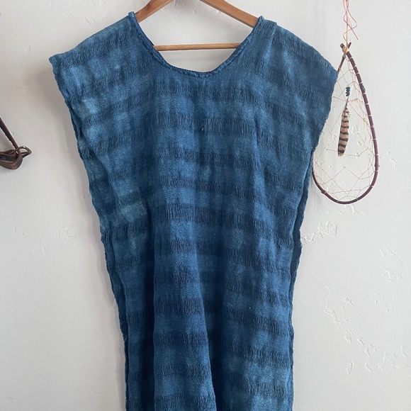 Primitive tribal Craft Cotton  fringe Kaftan naturally dyed with Indigo - Picture 3 of 6